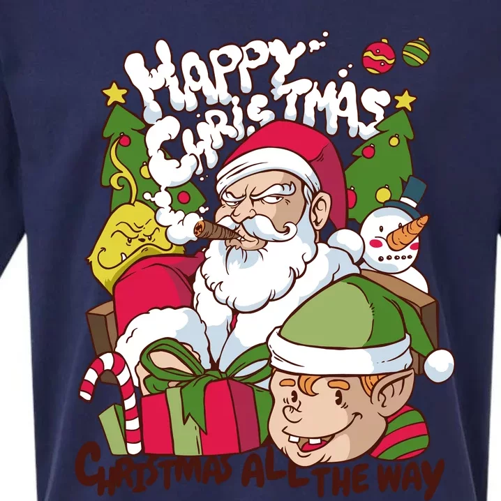 Santa Smoking Design Christmas All The Way Funny Sueded Cloud Jersey T-Shirt