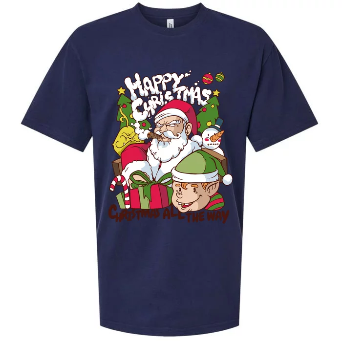 Santa Smoking Design Christmas All The Way Funny Sueded Cloud Jersey T-Shirt