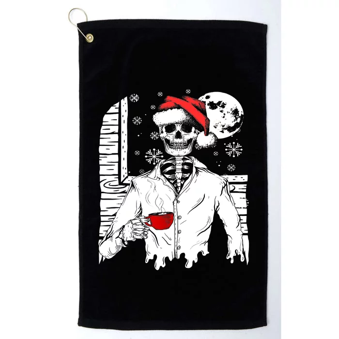 Smiling Skull Drinking Coffee Santa Ugly Christmas Skeleton Platinum Collection Golf Towel