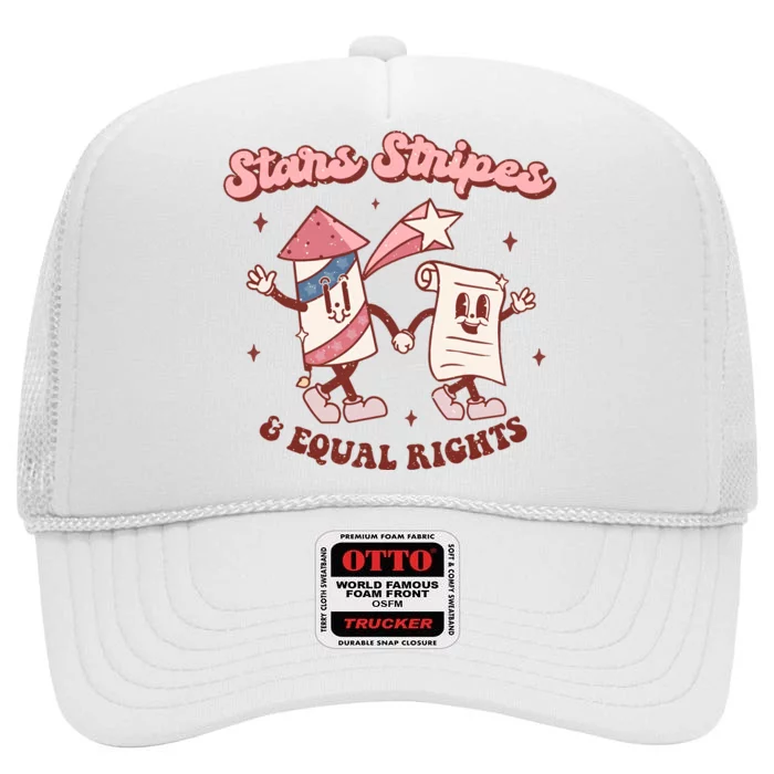 Stars Stripes & Equal Rights 4th Of July Retro Liberal Patriotic Americ High Crown Mesh Trucker Hat