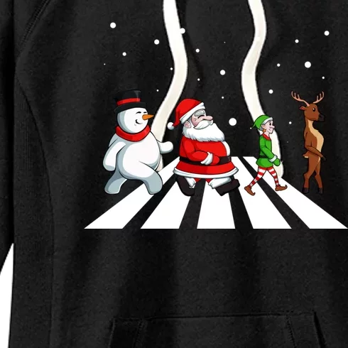 Snowman Santa Elf Reindeer Crossing Christmas Pajama Women's Fleece Hoodie