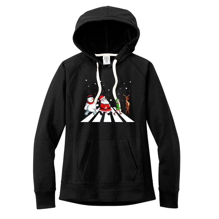 Snowman Santa Elf Reindeer Crossing Christmas Pajama Women's Fleece Hoodie