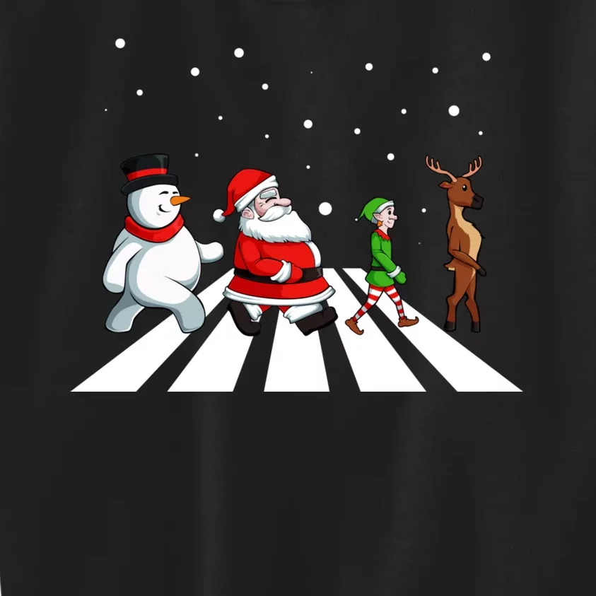 Snowman Santa Elf Reindeer Crossing Christmas Pajama Kids Sweatshirt