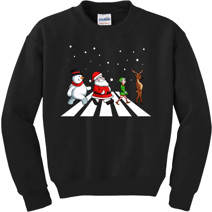 Snowman Santa Elf Reindeer Crossing Christmas Pajama Kids Sweatshirt