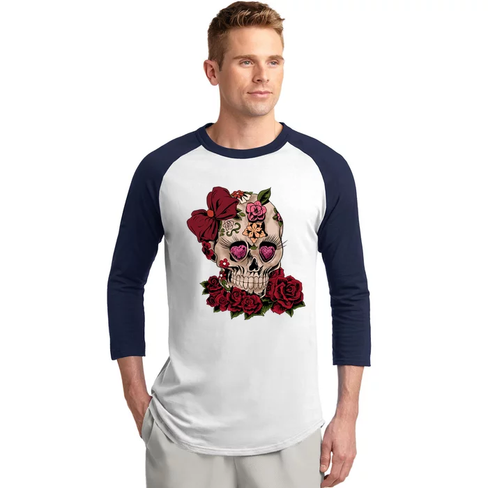 Sugar Skull Flowers Day Of The Dead Gift Idea Baseball Sleeve Shirt