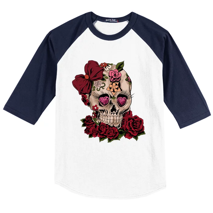 Sugar Skull Flowers Day Of The Dead Gift Idea Baseball Sleeve Shirt