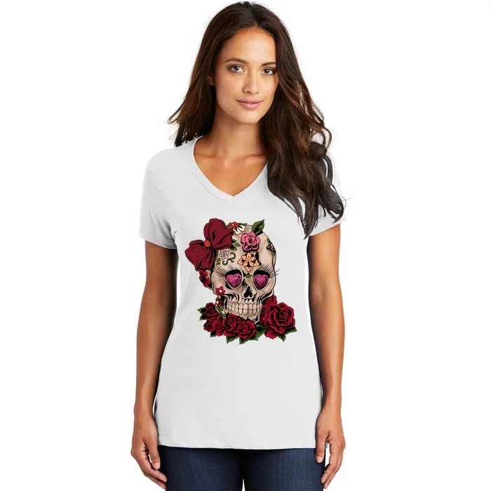 Sugar Skull Flowers Day Of The Dead Gift Idea Women's V-Neck T-Shirt