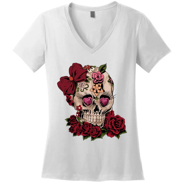 Sugar Skull Flowers Day Of The Dead Gift Idea Women's V-Neck T-Shirt