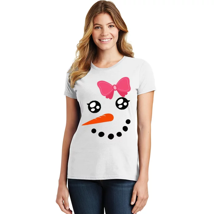 Snow Snowman Face Carrot Nose Pink Bow Women's T-Shirt