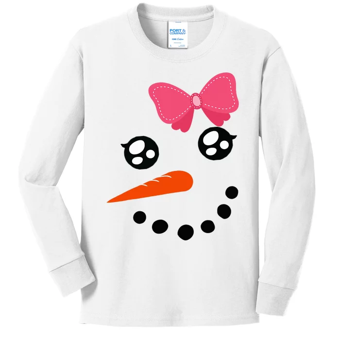 Snow Snowman Face Carrot Nose Pink Bow Kids Long Sleeve Shirt