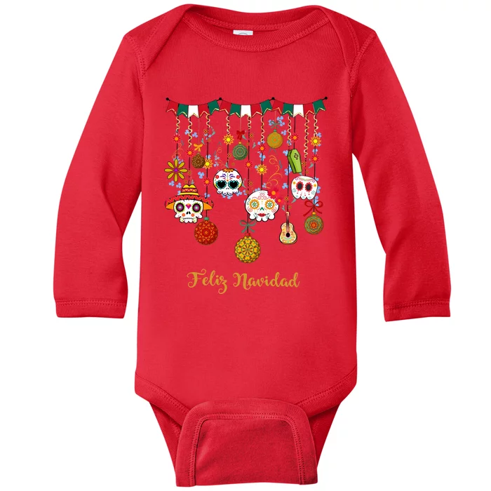 Sugar Skull Feliz Navidad Spanish Christmas Baby Long Sleeve Bodysuit