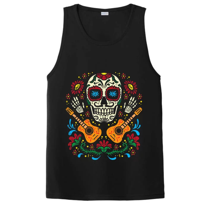 Sugar Skull Flowers Guitar Dia De Muertos Mexican Halloween Performance Tank