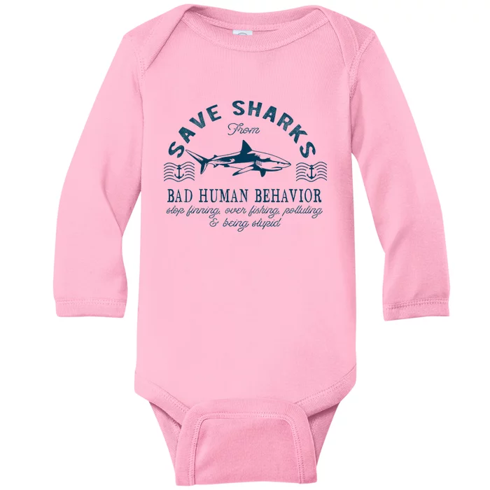 Save Sharks From Bad Human Behavior Blue Nautical Shark Baby Long Sleeve Bodysuit