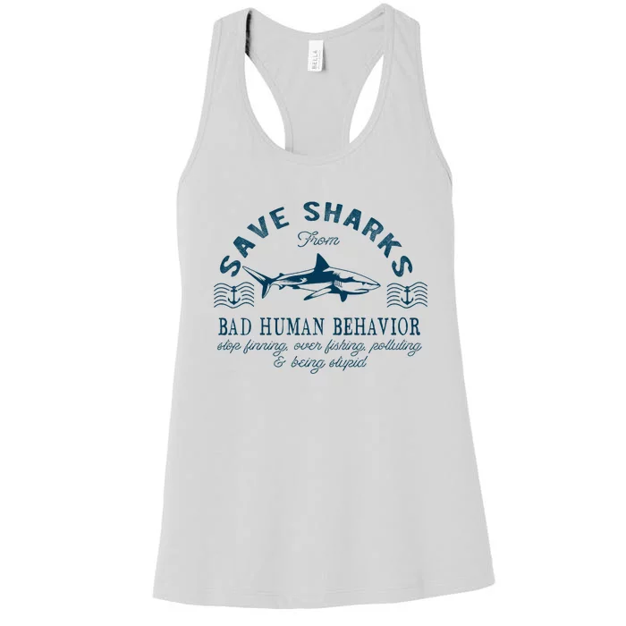 Save Sharks From Bad Human Behavior Blue Nautical Shark Women's Racerback Tank