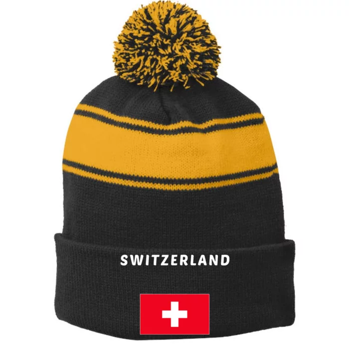 Switzerland Swiss Flag Stripe Pom Pom Beanie