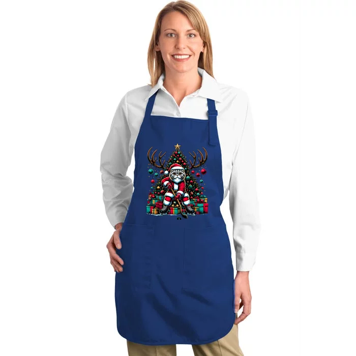 Santa Scottish Fold Cat Playing Hockey Christmas Cute Gift Full-Length Apron With Pocket