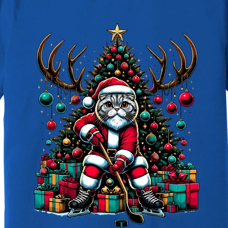 Santa Scottish Fold Cat Playing Hockey Christmas Cute Gift Premium T-Shirt