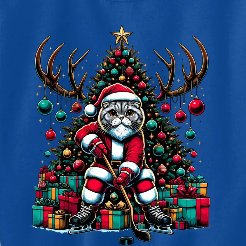 Santa Scottish Fold Cat Playing Hockey Christmas Cute Gift Kids Sweatshirt