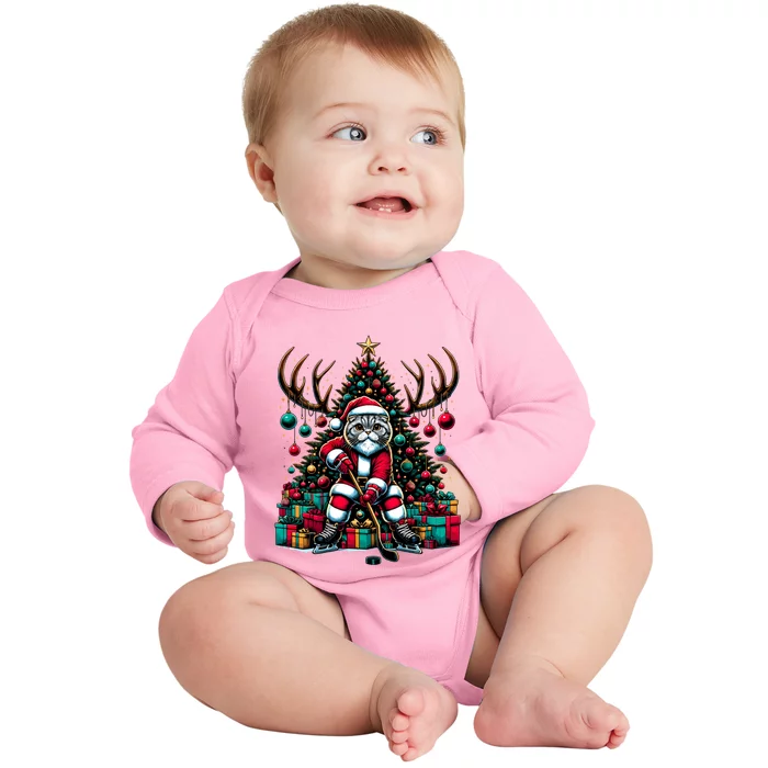 Santa Scottish Fold Cat Playing Hockey Christmas Cute Gift Baby Long Sleeve Bodysuit