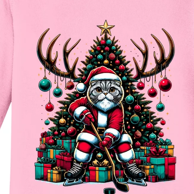 Santa Scottish Fold Cat Playing Hockey Christmas Cute Gift Baby Long Sleeve Bodysuit