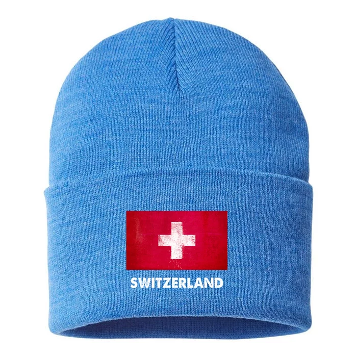 Swiss Switzerland Flag Cute Gift Sustainable Knit Beanie