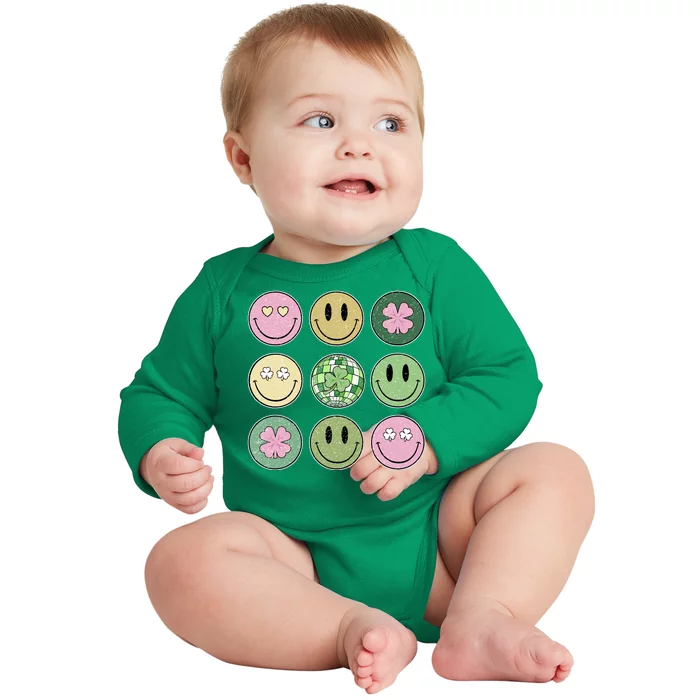 Shamrock Smile Face Disco Retro Groovy St Patricks Day Lucky Baby Long Sleeve Bodysuit