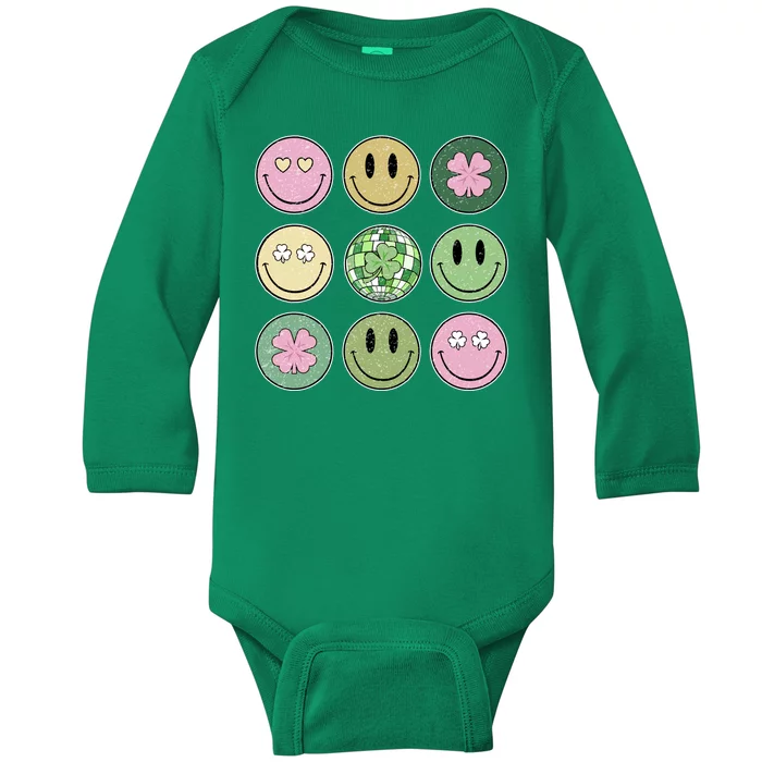 Shamrock Smile Face Disco Retro Groovy St Patricks Day Lucky Baby Long Sleeve Bodysuit