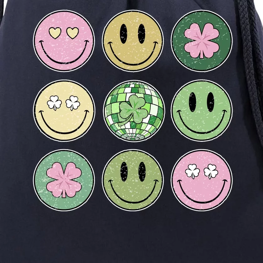 Shamrock Smile Face Disco Retro Groovy St Patricks Day Lucky Drawstring Bag