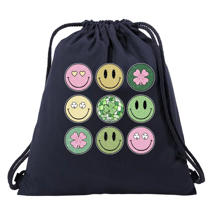 Shamrock Smile Face Disco Retro Groovy St Patricks Day Lucky Drawstring Bag