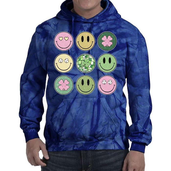 Shamrock Smile Face Disco Retro Groovy St Patricks Day Lucky Tie Dye Hoodie