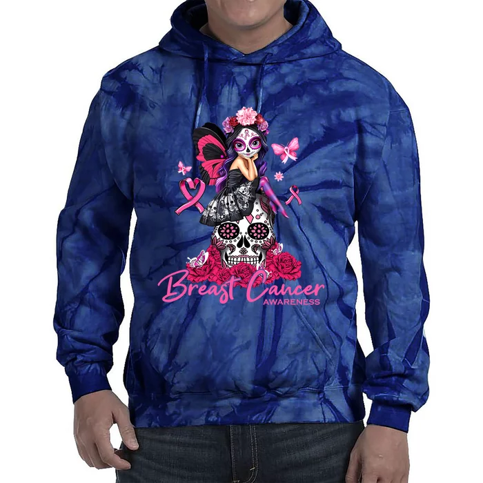 Sugar Skull Fight Breast Cancer Awareness Like A Girl Ribbon Tie Dye Hoodie