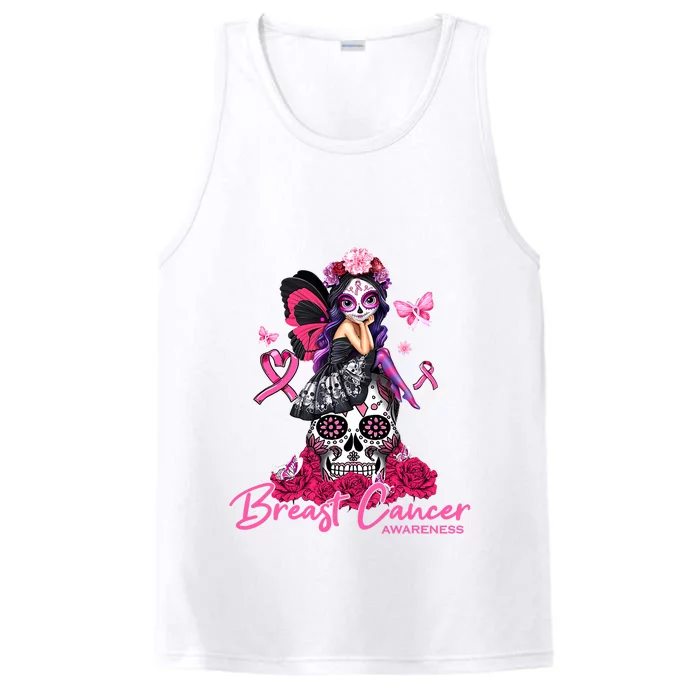 Sugar Skull Fight Breast Cancer Awareness Like A Girl Ribbon Performance Tank