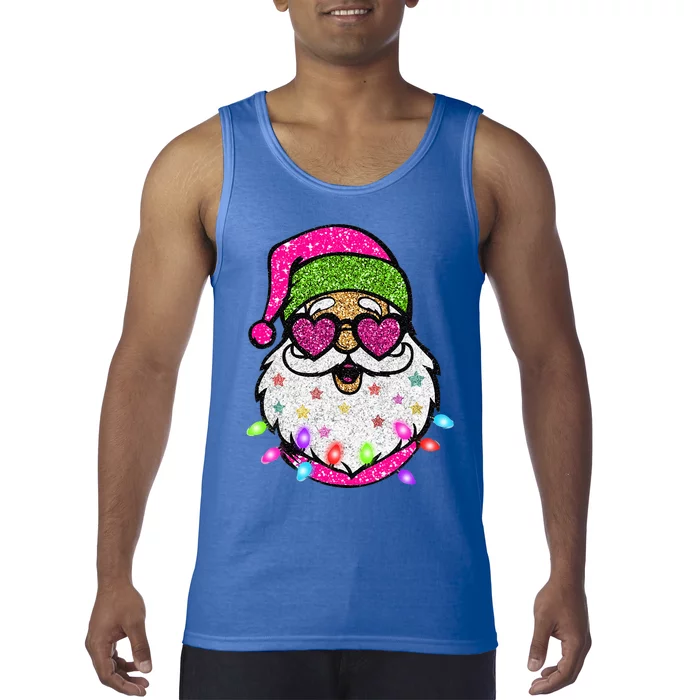 Sparkly Sequin Funny Santa Xmas Lights Christmas Pajamas Tank Top