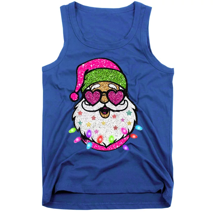 Sparkly Sequin Funny Santa Xmas Lights Christmas Pajamas Tank Top