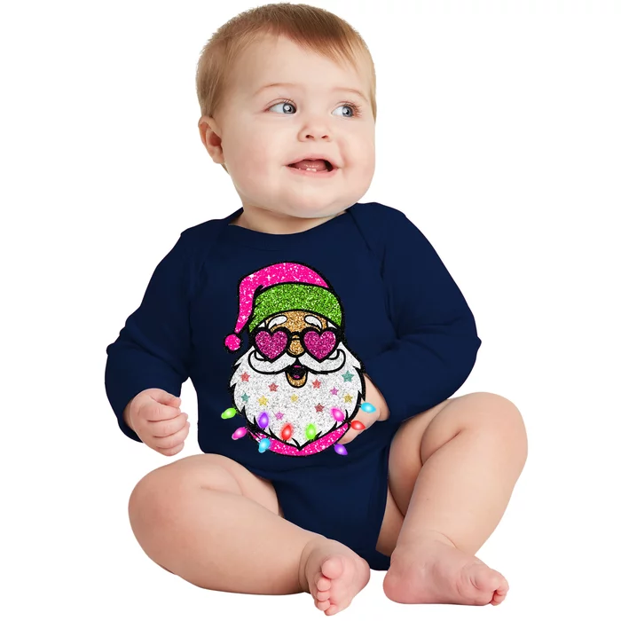 Sparkly Sequin Funny Santa Xmas Lights Christmas Pajamas Baby Long Sleeve Bodysuit