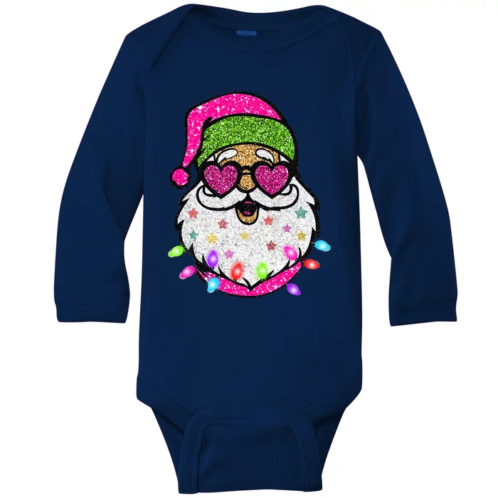 Sparkly Sequin Funny Santa Xmas Lights Christmas Pajamas Baby Long Sleeve Bodysuit