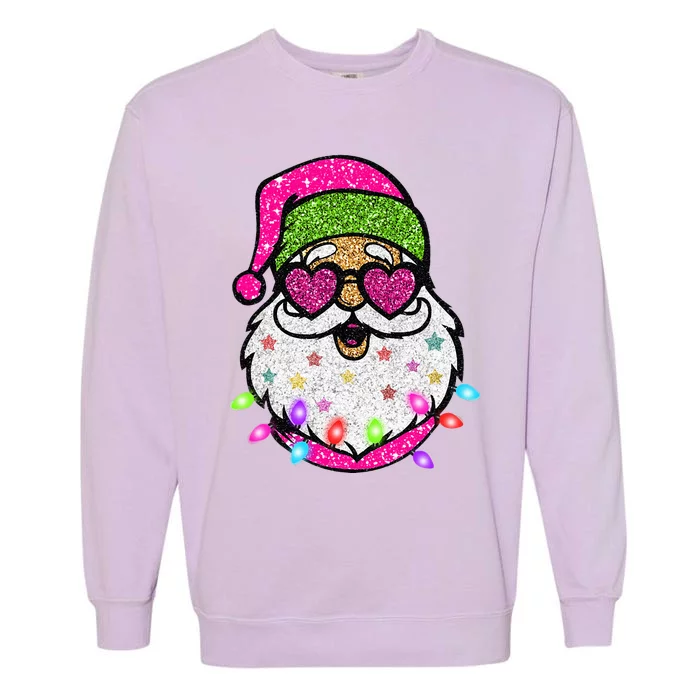 Sparkly Sequin Funny Santa Xmas Lights Christmas Pajamas Garment-Dyed Sweatshirt