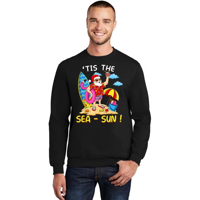 Santa Surf Flamingo Float Tis The Sea Sun Christmas In July Sweatshirt