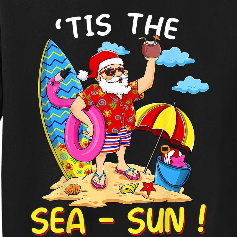 Santa Surf Flamingo Float Tis The Sea Sun Christmas In July Sweatshirt