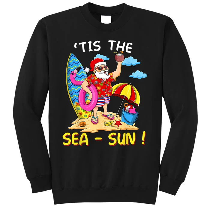 Santa Surf Flamingo Float Tis The Sea Sun Christmas In July Sweatshirt