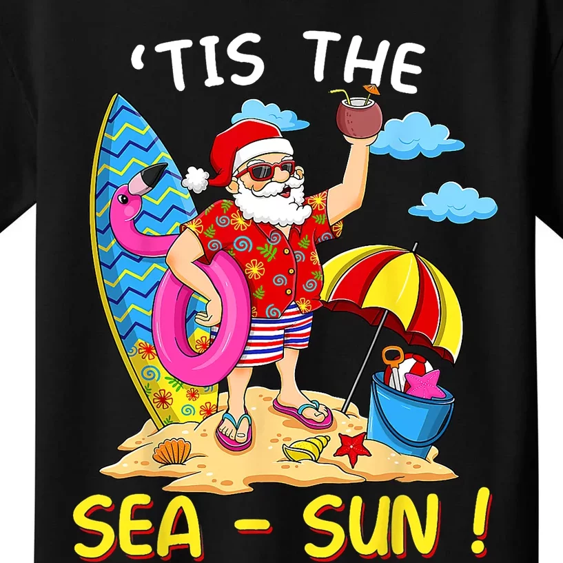 Santa Surf Flamingo Float Tis The Sea Sun Christmas In July Kids T-Shirt