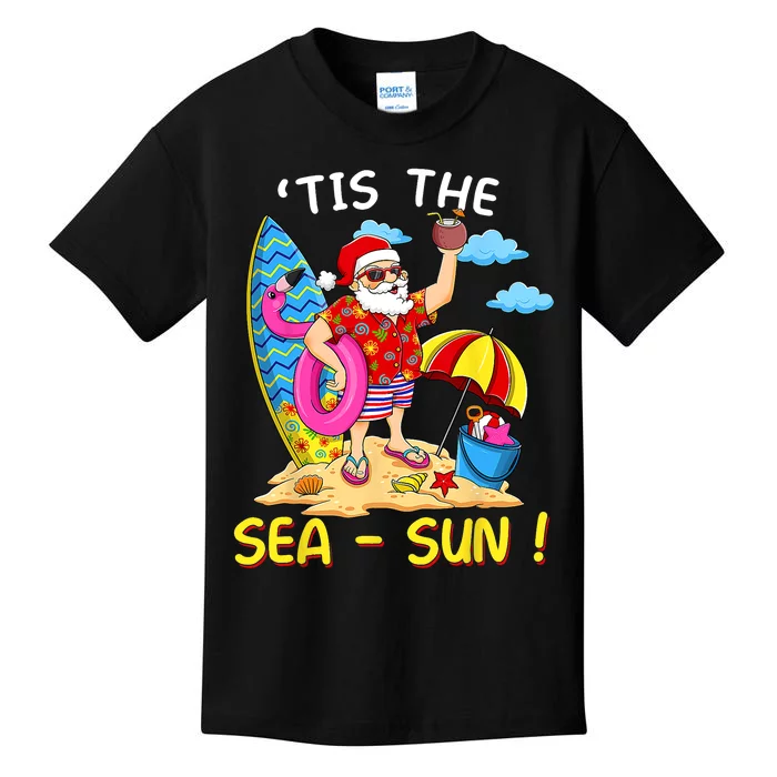 Santa Surf Flamingo Float Tis The Sea Sun Christmas In July Kids T-Shirt