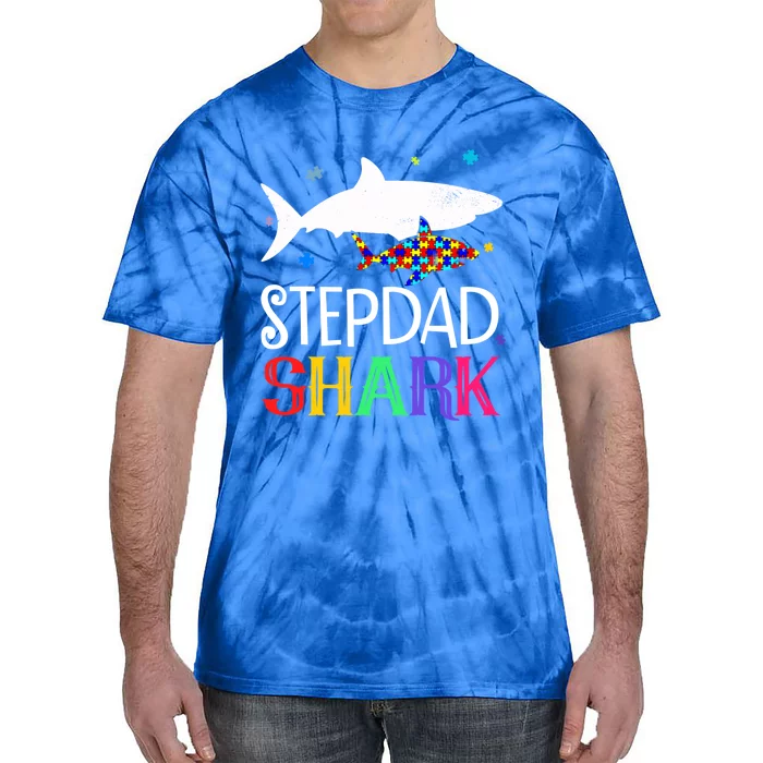 Stepdad Shark Family Cool Autism Awareness Gift Tie-Dye T-Shirt