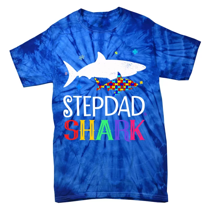 Stepdad Shark Family Cool Autism Awareness Gift Tie-Dye T-Shirt