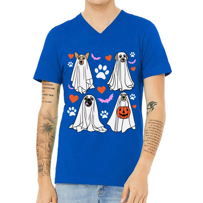 Spooky Season Funny Halloween Fall Ghost Dog Dogs Paw Puppy Gift V-Neck T-Shirt