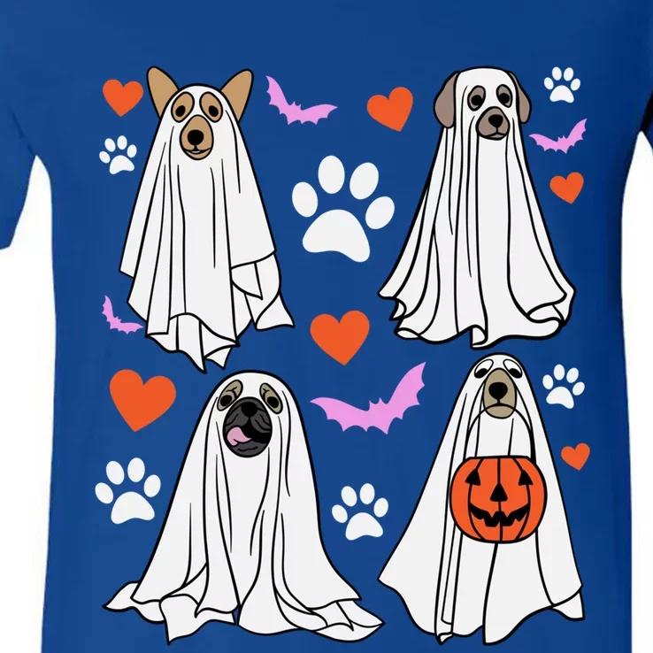 Spooky Season Funny Halloween Fall Ghost Dog Dogs Paw Puppy Gift V-Neck T-Shirt