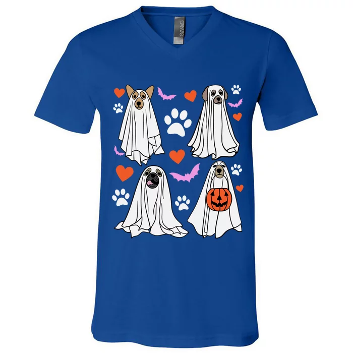 Spooky Season Funny Halloween Fall Ghost Dog Dogs Paw Puppy Gift V-Neck T-Shirt