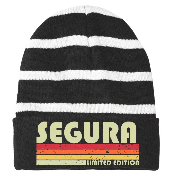 Segura Surname Funny Retro Vintage 80s 90s Birthday Reunion Striped Beanie with Solid Band