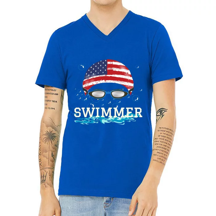 Swim Swimmer Gift Funny Swimming Sports Usa Flag Cap Tee V-Neck T-Shirt