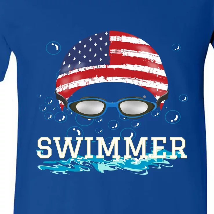 Swim Swimmer Gift Funny Swimming Sports Usa Flag Cap Tee V-Neck T-Shirt